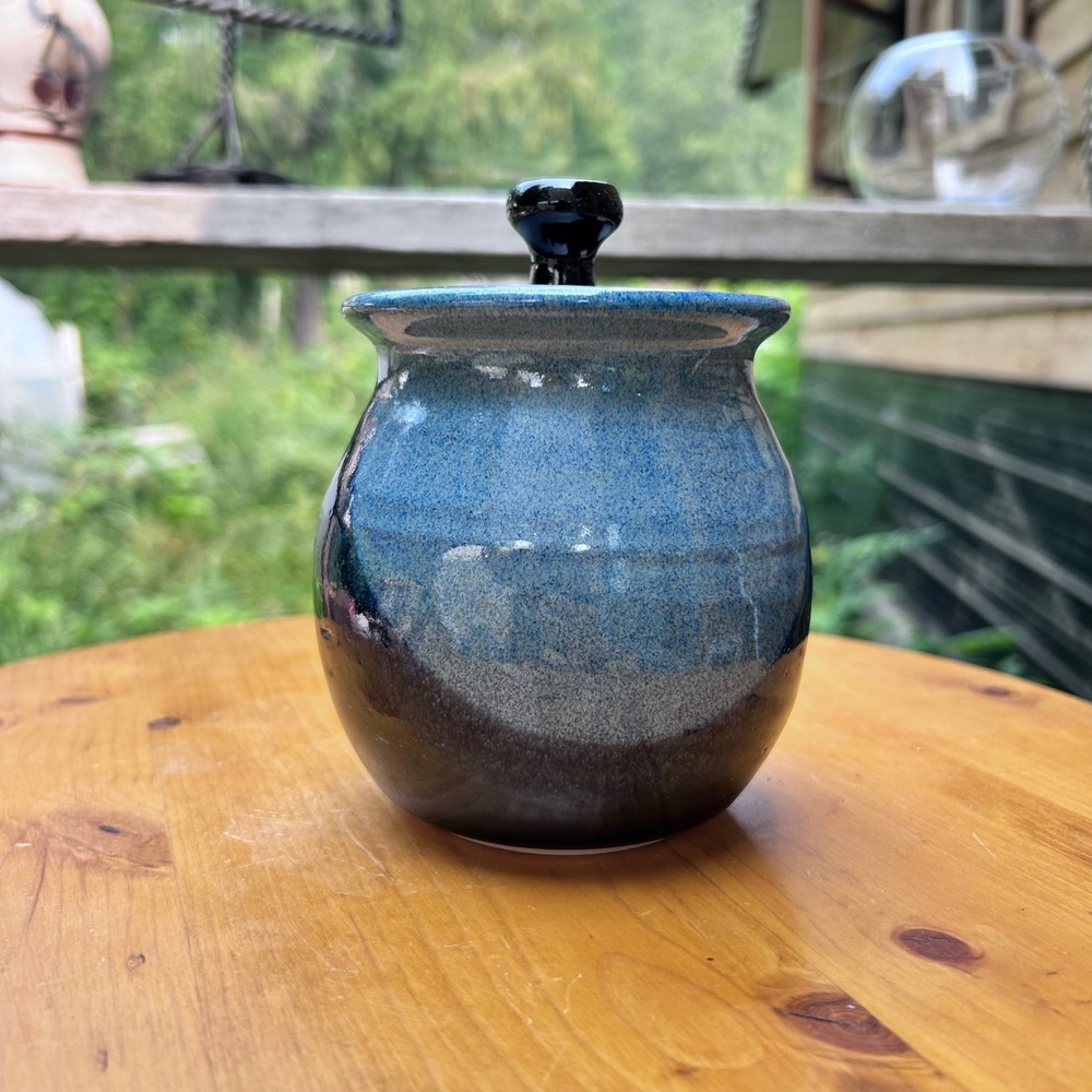 Vintage Jam Pot Blue Drip Glaze Lidded Stoneware Jar Sugar Bowl Studio Pottery